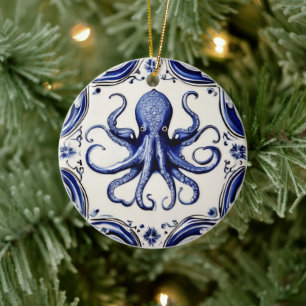 Octopus Blue and White Sea Ocean theme Beach House Ceramic Tree Decoration