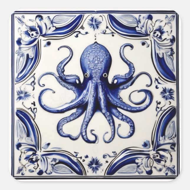 Octopus Blue and White Sea Ocean theme Square Sticker (Front)
