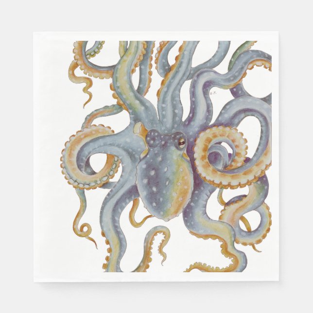 Octopus Blue Pastel Colour Watercolor Art Napkin (Front)