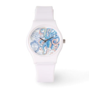 Octopus Blue Vintage Map Chic Watercolor Watch