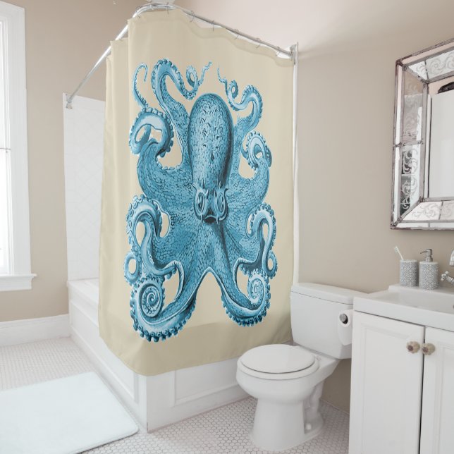 Octopus Blue Vintage  Shower Curtain (In Situ)