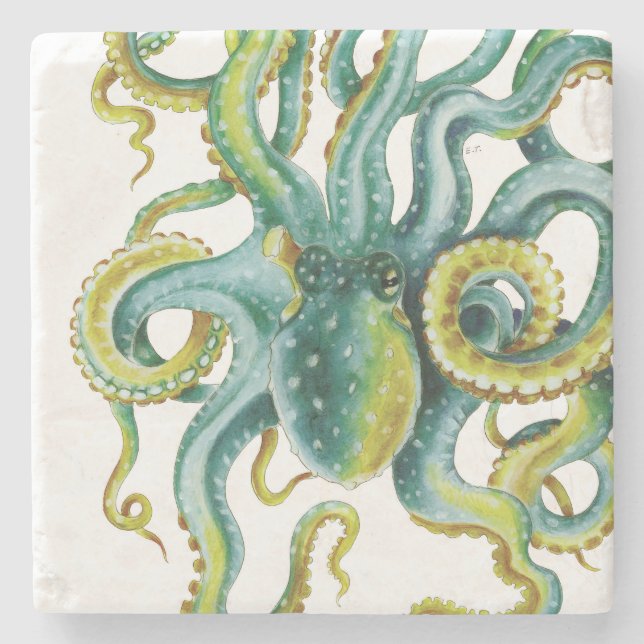 Octopus Blue  Watercolor Art Stone Coaster (Front)