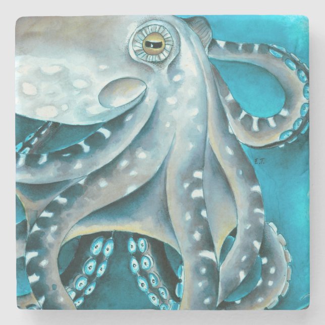 Octopus Blue Watercolor Detail Stone Coaster (Front)