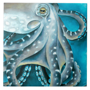 Octopus Blue Watercolor Detail Tile