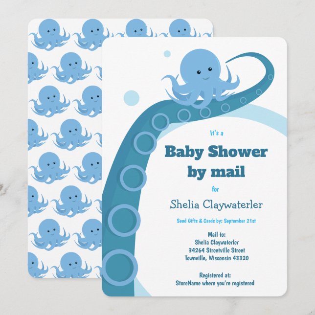 Octopus Blue White Baby Shower by Mail Invitation (Front/Back)