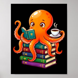 Octopus book reading coffee lover ocean funny poster