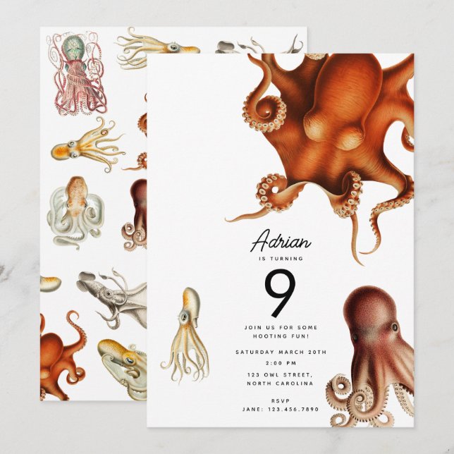 Octopus Cephalopod Ocean Animals Birthday Invitation (Front/Back)