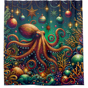 “Octopus Christmas Decorating Wonderland” Shower Curtain