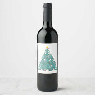 Octopus Christmas Tree Santa Hat Christmas Lights Wine Label