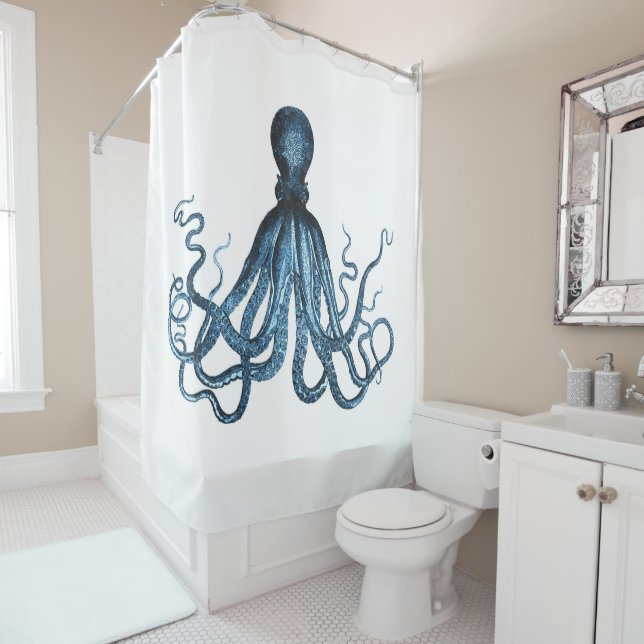 Octopus coastal ocean beach nautical blue shower curtain (In Situ)