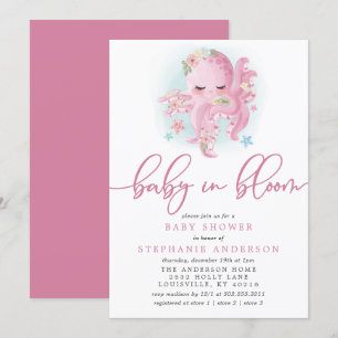 Octopus Cute Pink Baby In Bloom Baby Shower Invitation