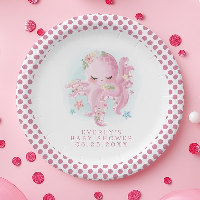 Octopus Cute Pink Watercolor Girl Baby Shower Paper Plate (Creator Uploaded)