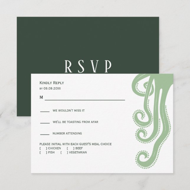 Octopus Deep Sea Modern Wedding Response, Green RSVP Card (Front/Back)