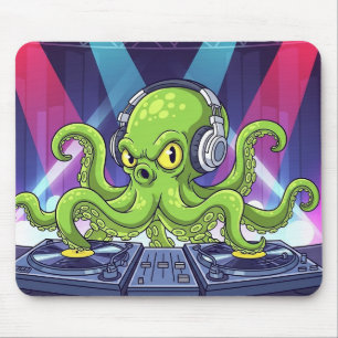 Octopus DJ with Turntables – Neon Party Cartoon Mouse Mat
