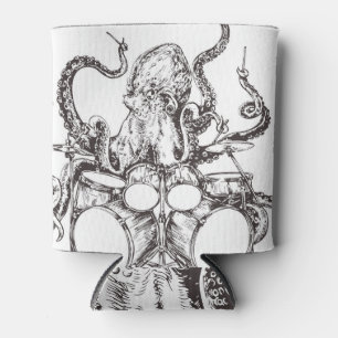 Octopus Drummer Vintage Sketch Print. Can Cooler