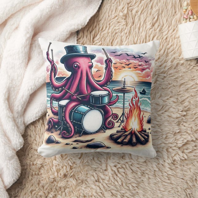 Octopus Drumming by a Beach Campfire at Sunset Cushion (Blanket)