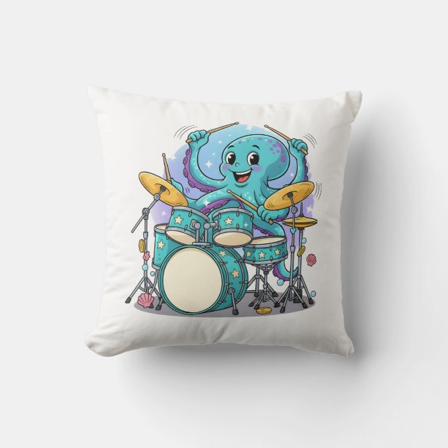 Octopus Drumming Funny Cartoon Octopus Drummer Cushion (Front)