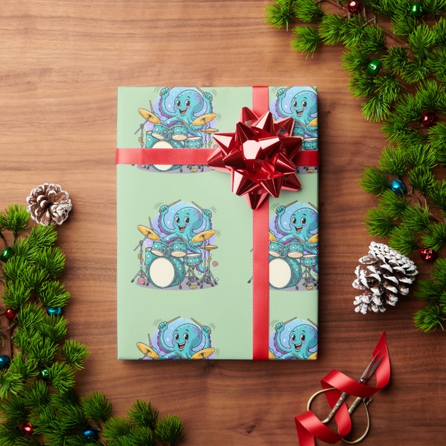 Octopus Drumming Funny Cartoon Octopus Drummer Wrapping Paper (Holiday Gift)
