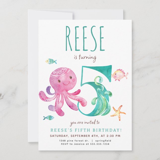 Octopus Fifth Birthday Invitation (Front)