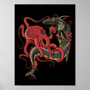 octopus fighting a shark poster
