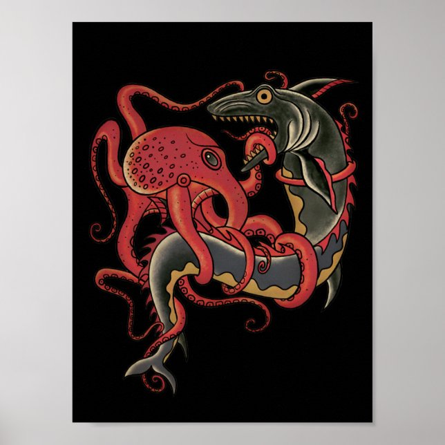 octopus fighting a shark poster (Front)