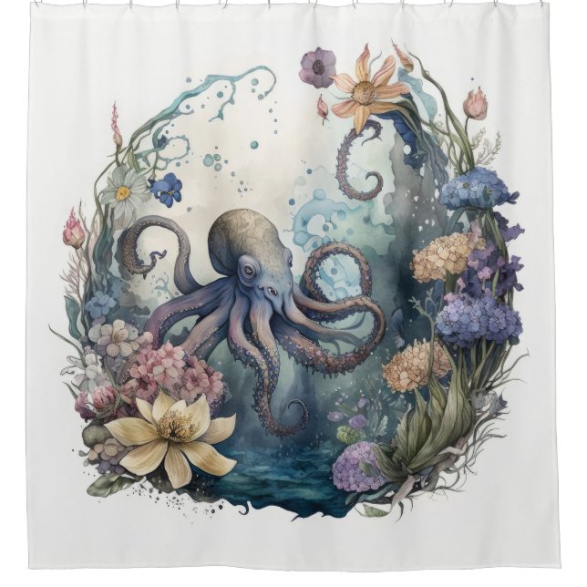 Octopus Floral Submarine Under The Sea Shower Curtain (Front)
