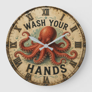Octopus Funny Coastal Nautical Beach House Large Clock