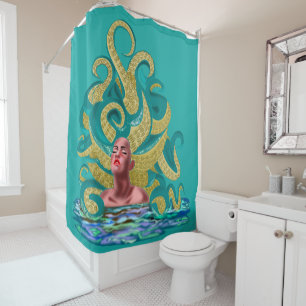 Octopus Girl - Golden Tentacles - Drawing Art Shower Curtain
