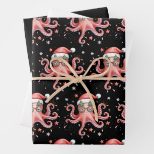 Octopus Glasses Santa Hat Christmas Light Ocean  Wrapping Paper Sheet
