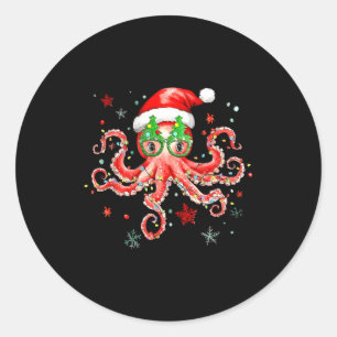 Octopus Gles Santa Hat Christmas Light Ocean Anima Classic Round Sticker