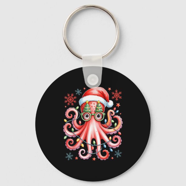 Octopus Gles Santa Hat Christmas Light Ocean Anima Key Ring (Front)