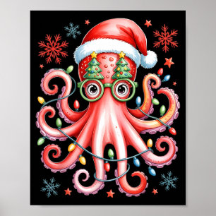 Octopus Gles Santa Hat Christmas Light Ocean Anima Poster