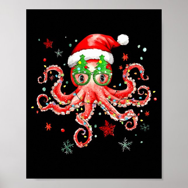 Octopus Gles Santa Hat Christmas Light Ocean Anima Poster (Front)