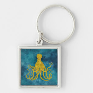 Octopus Gold Leopard Skin Print   Teal Aqua Blue Key Ring