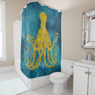 Octopus Gold Leopard Skin Print Teal Aqua Blue Shower Curtain