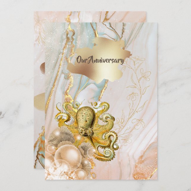 Octopus gold splash nautical marine anniversary invitation (Front/Back)