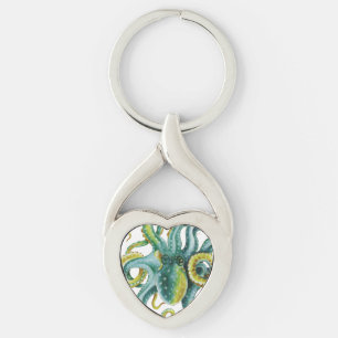 Octopus Green Tentacles Watercolor Art Key Ring