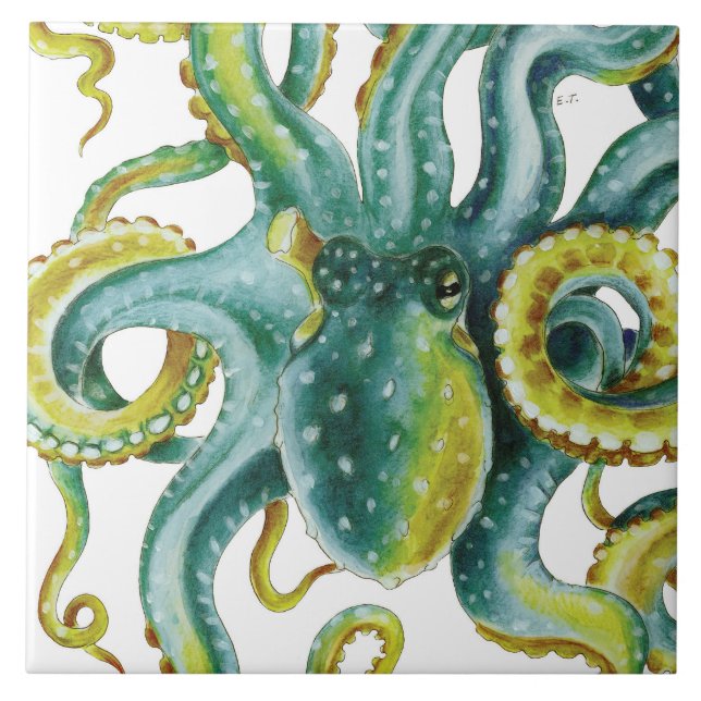 Octopus Green Tentacles Watercolor Art Tile (Front)
