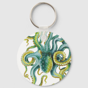 Octopus Green Watercolor Art Key Ring