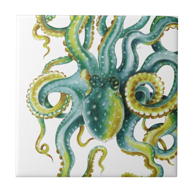 Octopus Green Watercolor Art Tile (Front)