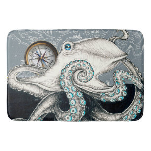 Octopus Grey Compass Vintage Map Ink Bath Mat