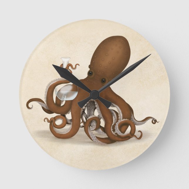 Octopus Holding Chemistry Flask Steampunk Science Round Clock (Front)