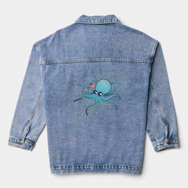 Octopus Holding The American Flag Denim Jacket (Back)