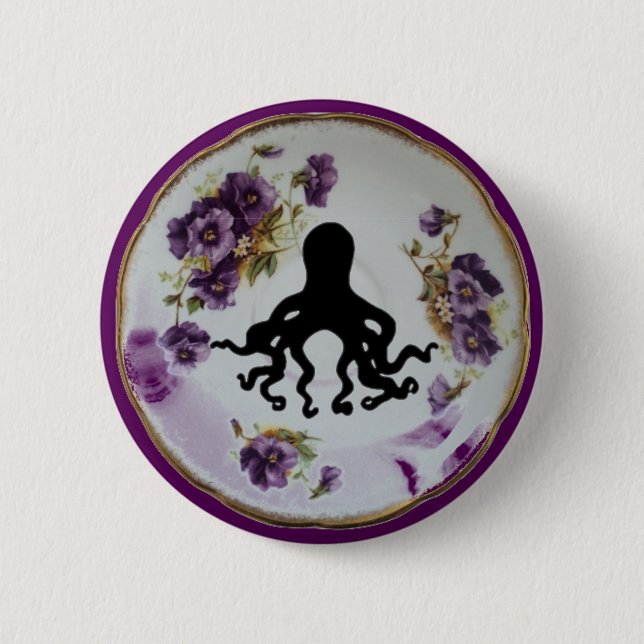 Octopus in a Teacup Saucer ~ Pin Badge Button (Front)