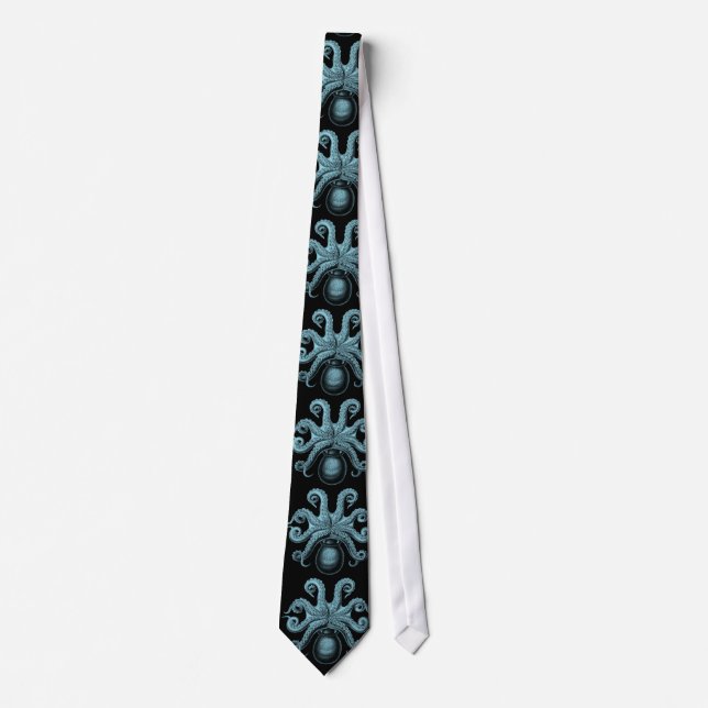 Octopus in Teal on Black Tie (Front)
