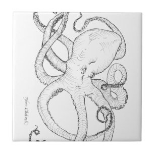 Octopus Ink Drawing Black and White Tile
