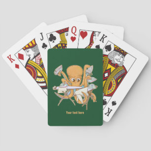 Octopus ironing, overwhelmed by chores. playing cards