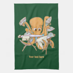 Octopus ironing, overwhelmed by chores. tea towel