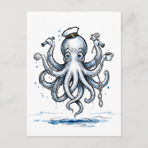Octopus Juggling Anchors in Playful Marine Ink Ill Postcard