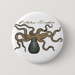 Octopus Kraken Antique Coastal Marine Wildlife 6 Cm Round Badge